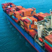 Overhead view of a large cargo ship with containers