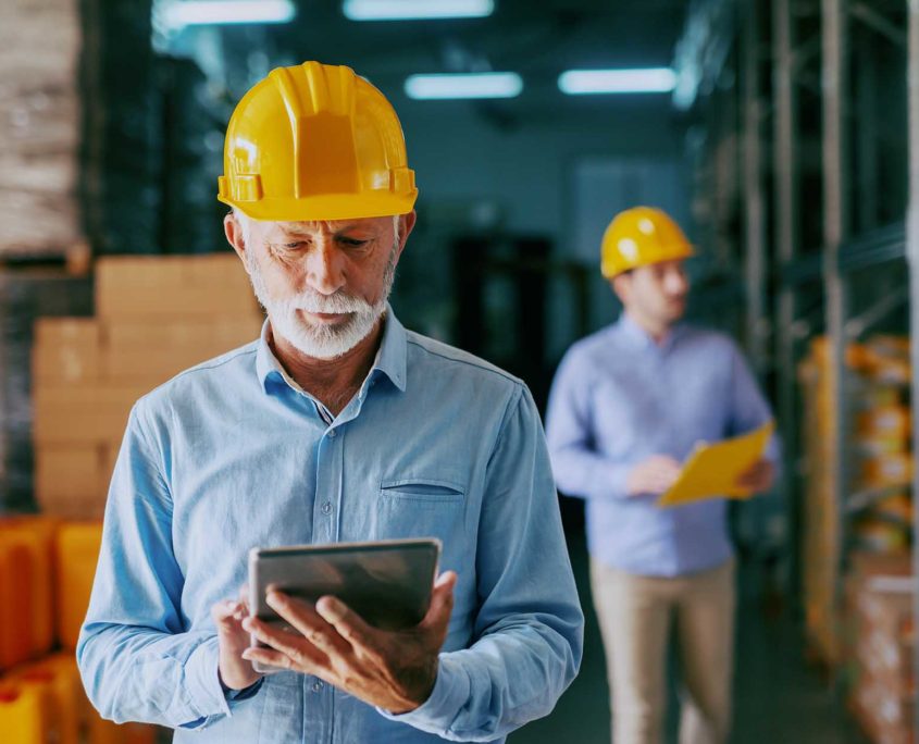 Warehouse worker using tablet to contribute to logistics optimization