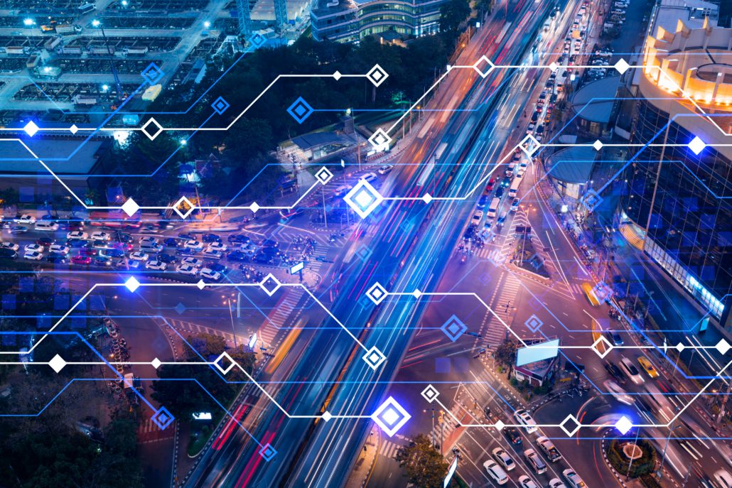 Technology,Hologram,On,Aerial,View,Of,Road,,Busy,Urban,Traffic